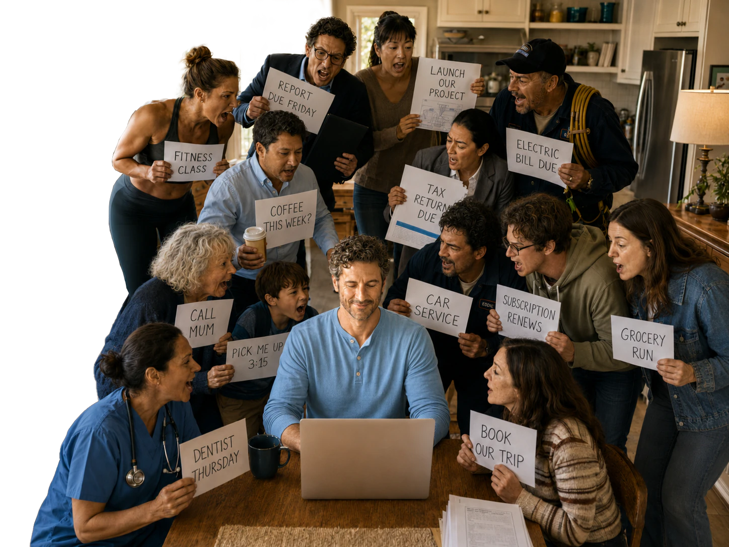 A person calmly plans at a laptop while work, family, health, bills, appointments, friendships, subscriptions, and future plans compete for attention around him