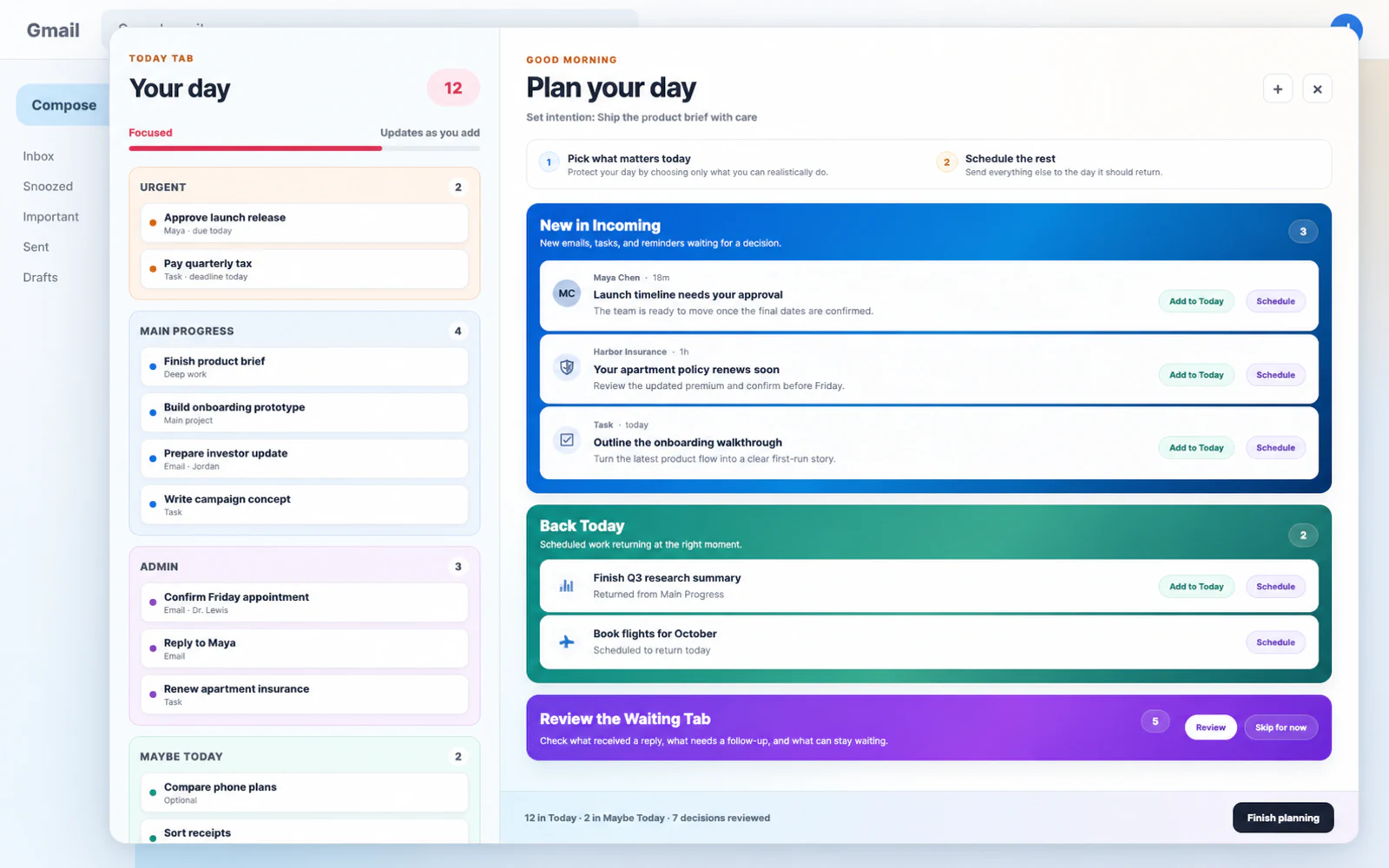 CalmView's two-column Plan your day workspace, with a populated Today column beside Incoming, returning, and Waiting reviews