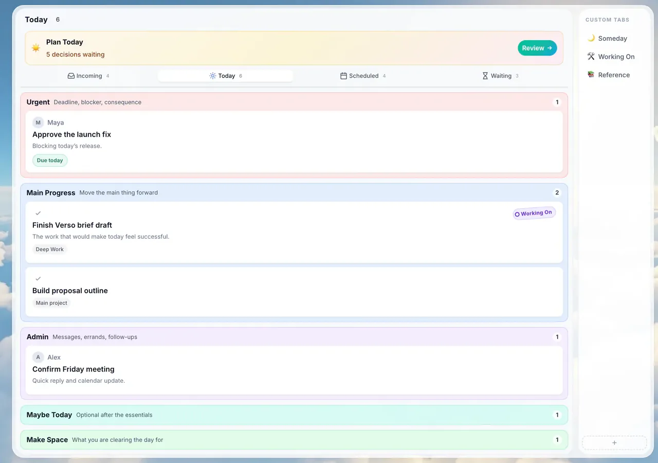 The real CalmView Today workspace inside Gmail, organized into Urgent, Main Progress, Admin, Maybe Today, and Make Space