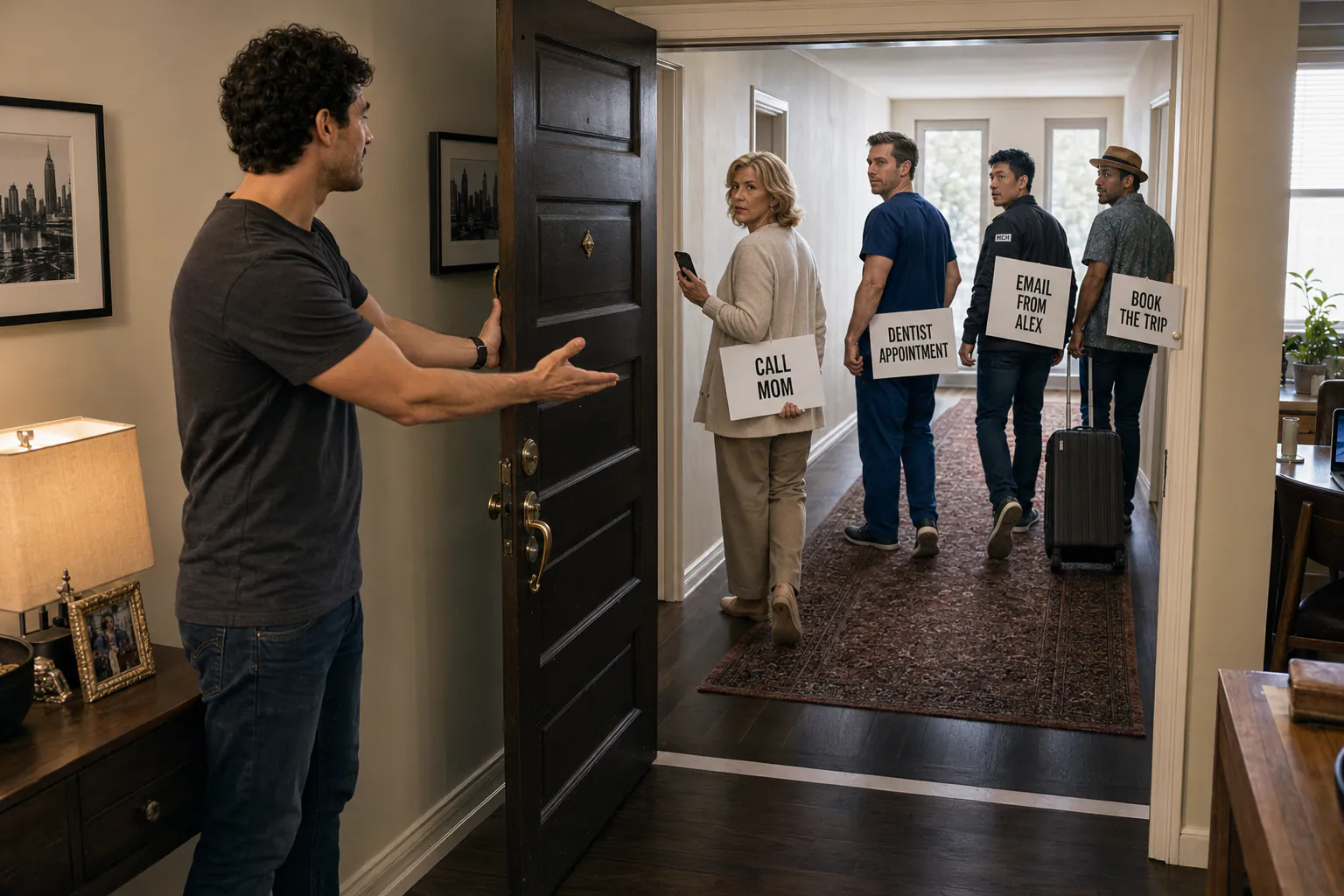 The final visitors walking away while still holding their original task signs