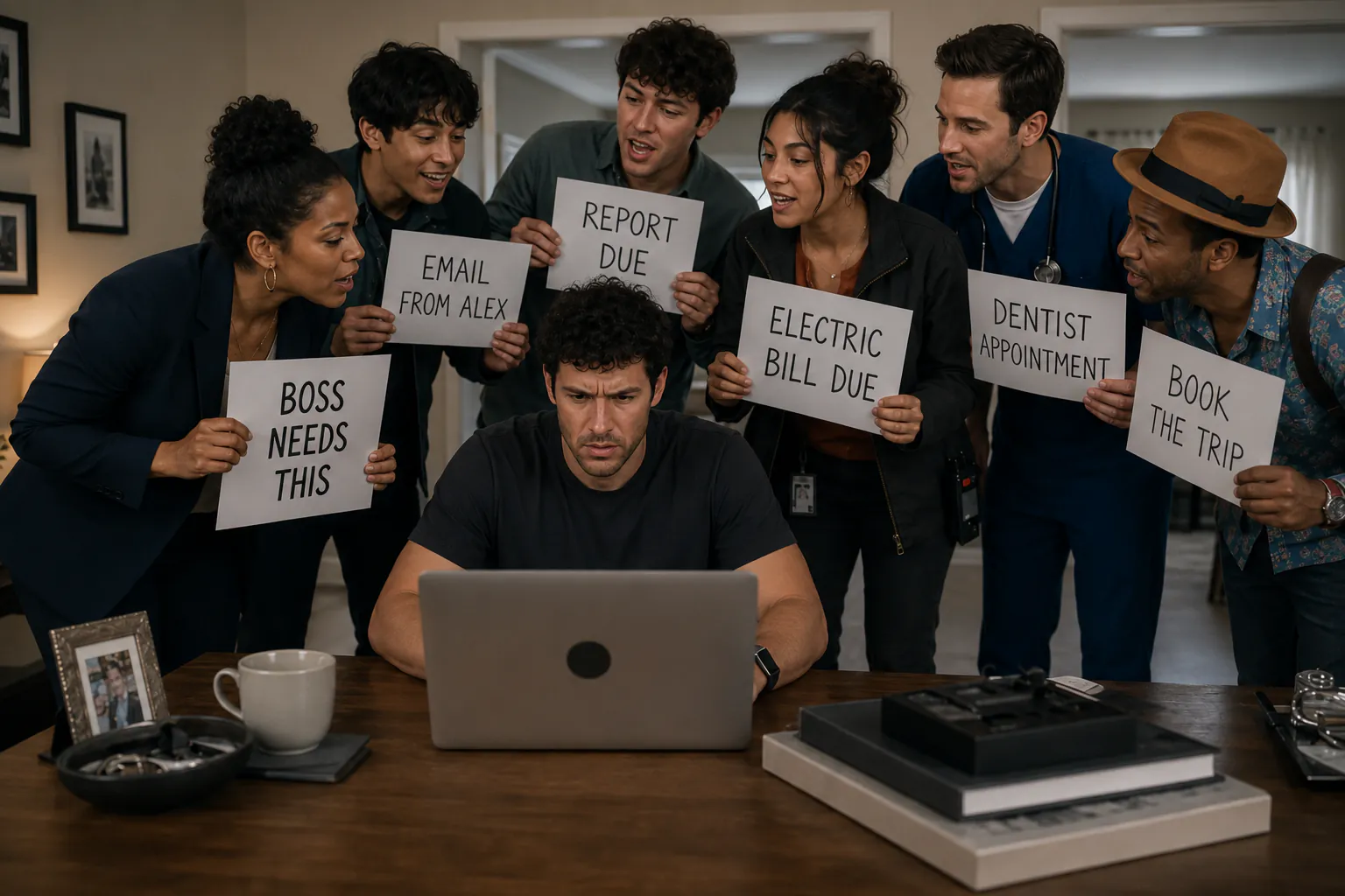 Six personified tasks crowding around a man trying to work at his laptop