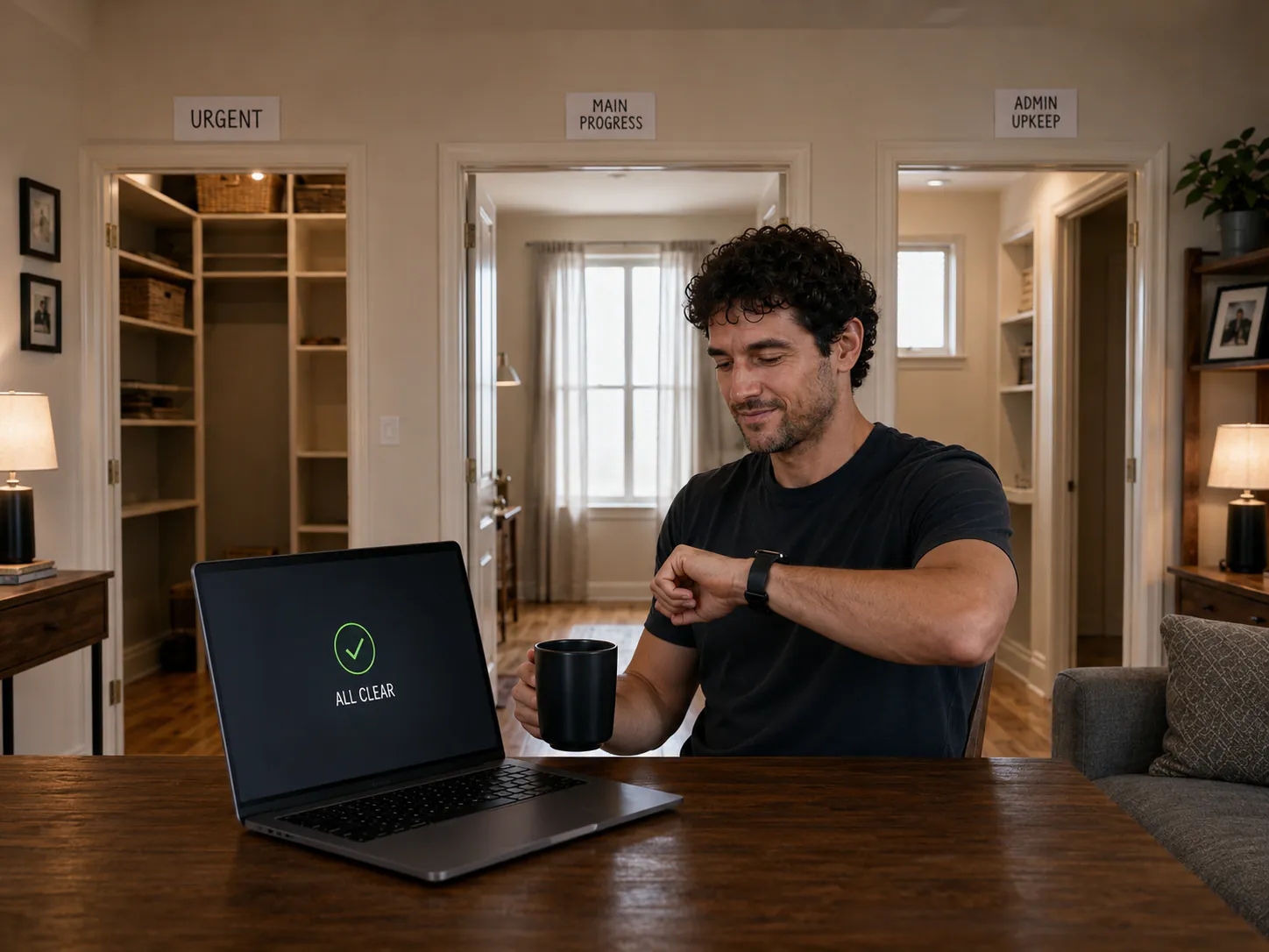 A relaxed man checks his watch beside an all-clear laptop after the three task rooms are emptied