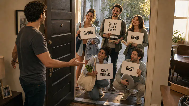 Friends at the same door holding signs for swimming, coffee, reading, cooking, and rest