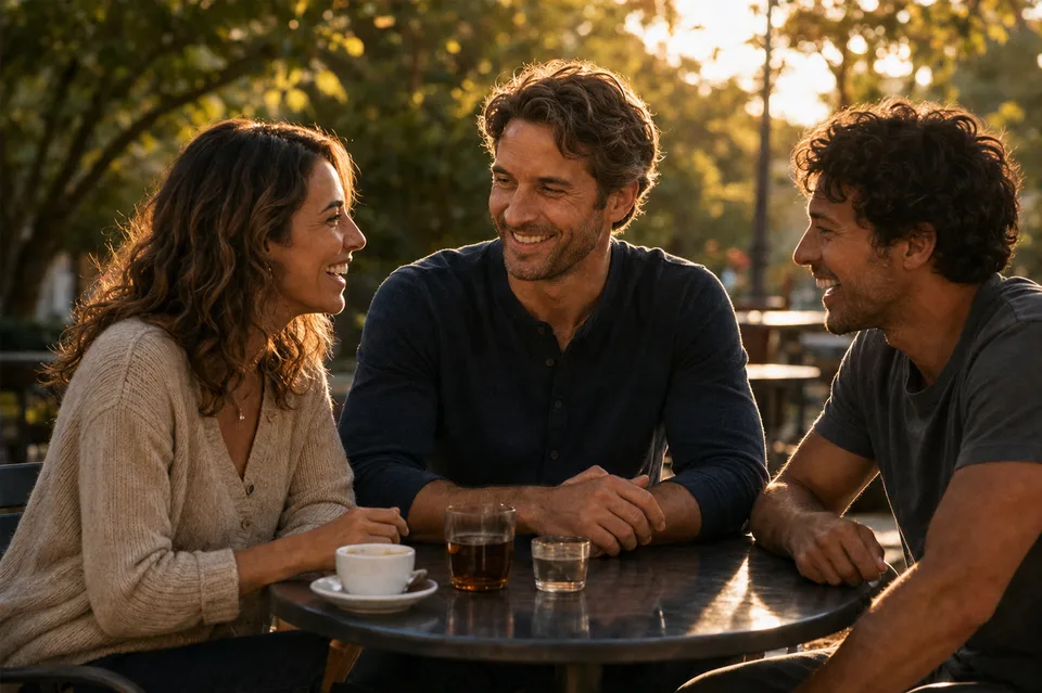 Three friends laughing together at an outdoor café in warm late-afternoon light